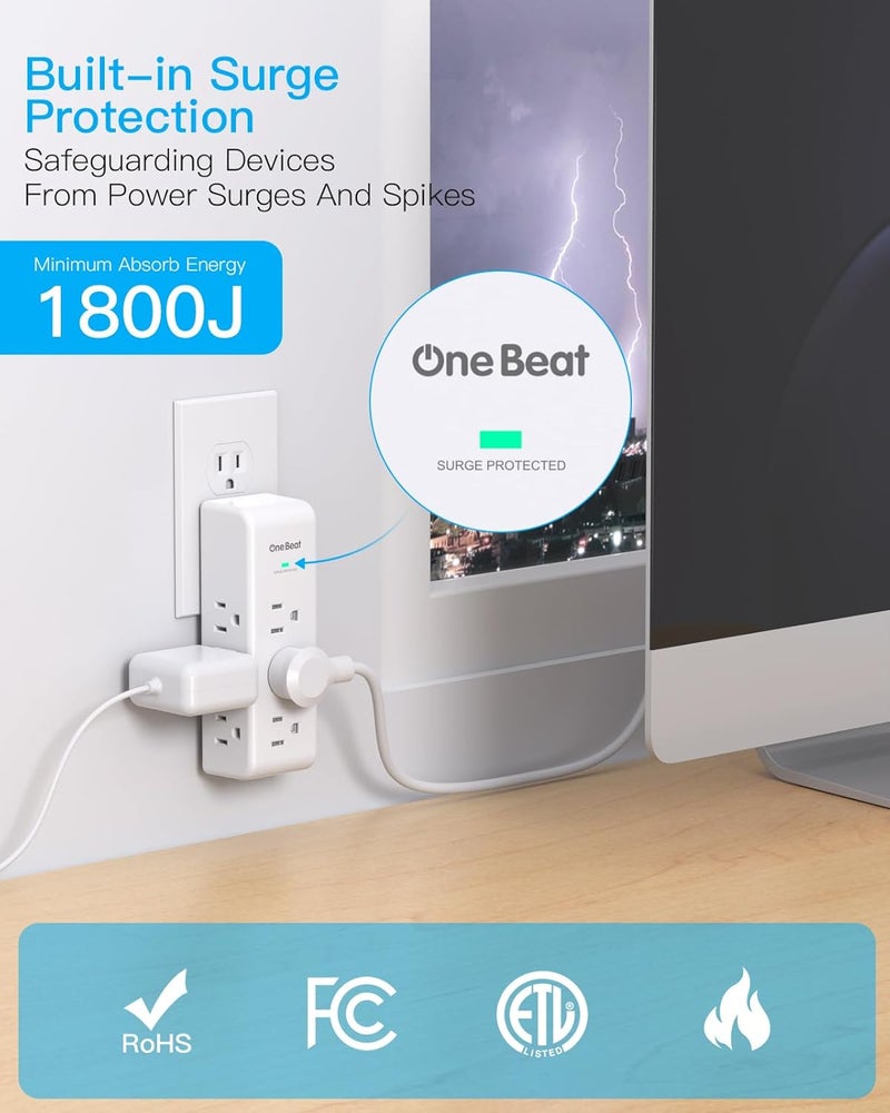 One Beat Surge Protector Outlet Extender with Rotating Plug, 9 AC Multi Plug Wall Outlet Expander, 1800J Wall Charger, 3-Sided Power Strip Electrical Plug Adapter Outlet Splitter for Home Office College Dorm - Image 4